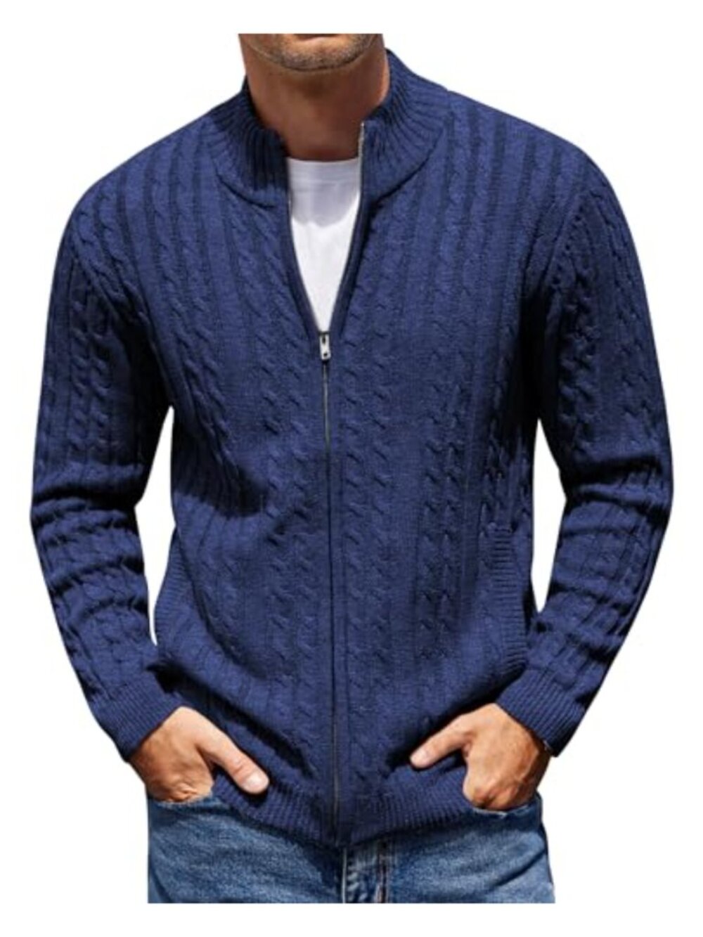 Slim Fit Cable Knit Full Zip Cardigan Sweater with Pockets